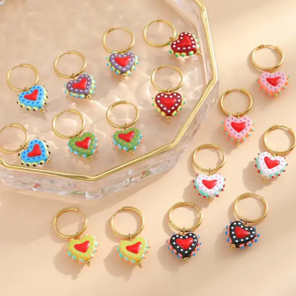 Wholesale 1 Pair Casual Cute Sweet Heart Shape Enamel Plating 304 Stainless Steel 18K Gold Plated Charm Sleeper Hoop Earrings