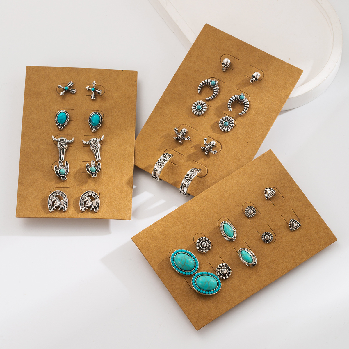 Wholesale Cross-Border Hot Selling Retro Ethnic Style Turquoise Earrings Set Exaerated Skull Horn Oval Geometric Earrings for Women