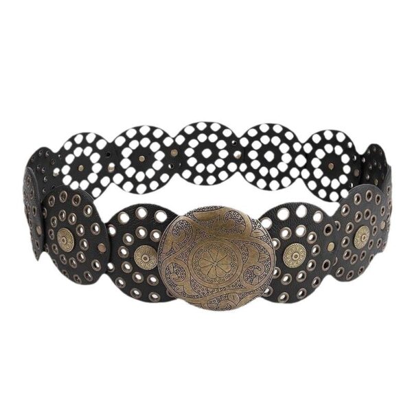 Wholesale Middle Ages Spice Girl Millennium Subculture Disc Hook Faux Leather Vintage Rivet Stitching Alloy Belt Wide Belt