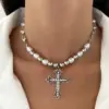 Wholesale Stainless Steel Copper Metal IG Style Plating Inlay Cross Rhinestones Zircon Artificial Pearls Necklace