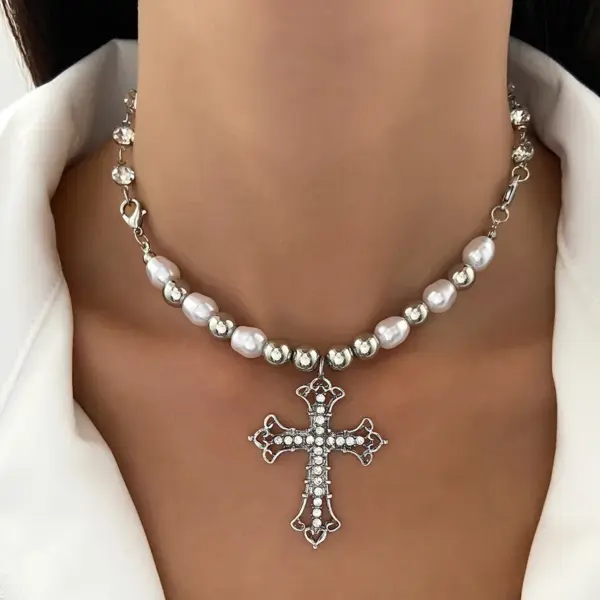 Wholesale Stainless Steel Copper Metal IG Style Plating Inlay Cross Rhinestones Zircon Artificial Pearls Necklace