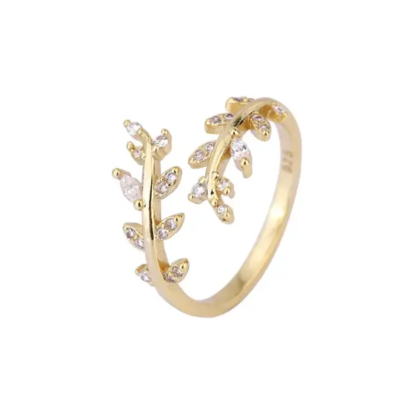 Wholesale Fashion Leaf Copper Inlay Zircon Open Ring 1 Piece