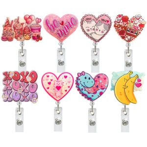 Wholesale New Acrylic Glitter Valentine's Day Love Dinosaur Retractable Rotating Badge Reel Medical Lover Easy Pull Buckle