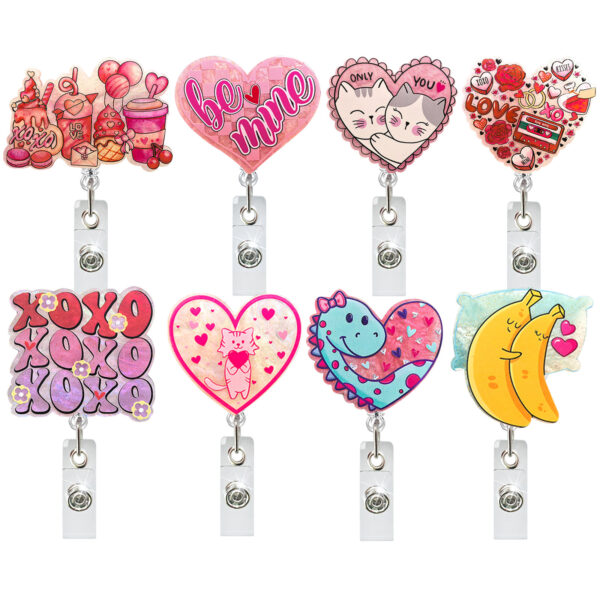 Wholesale New Acrylic Glitter Valentine's Day Love Dinosaur Retractable Rotating Badge Reel Medical Lover Easy Pull Buckle