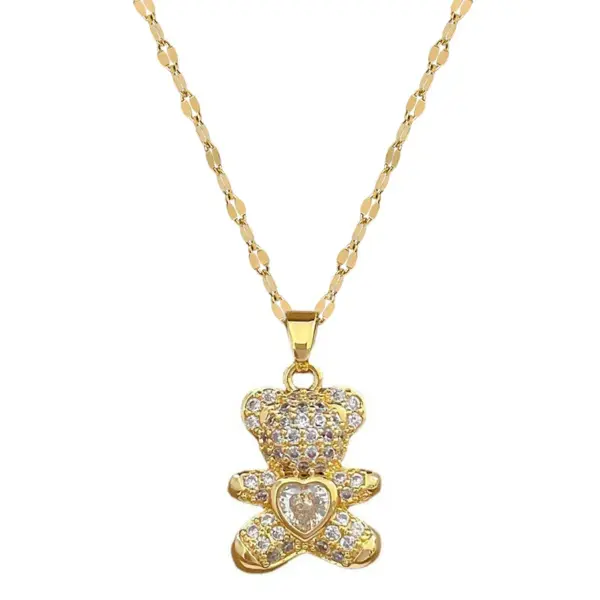 Wholesale Golden Plated 304 Stainless Steel Electroplating Zircon Animal Bear Cute Pendant Necklace For Women'S