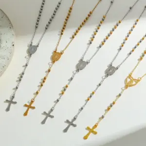 Wholesale 304 Stainless Steel Gold Plated Vacuum Electroplating (In Furnace) Gold Steel Color Cross Heart Shape Religious Simple Style Women's Necklace