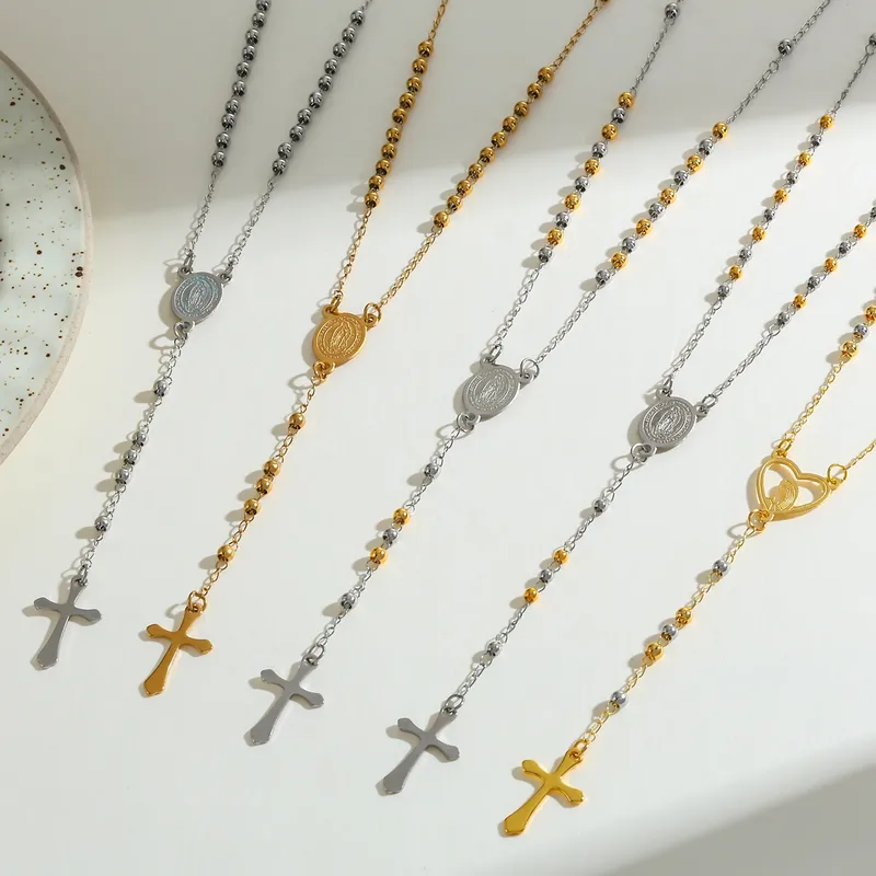 Wholesale 304 Stainless Steel Gold Plated Vacuum Electroplating (In Furnace) Gold Steel Color Cross Heart Shape Religious Simple Style Women's Necklac