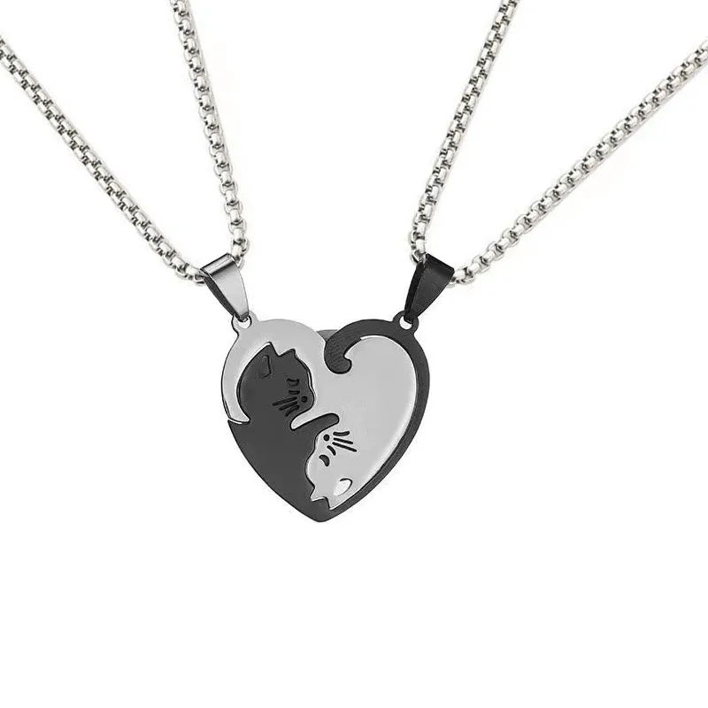 Wholesale Fashion Heart Shape Cat Titanium Steel Pendant Necklace