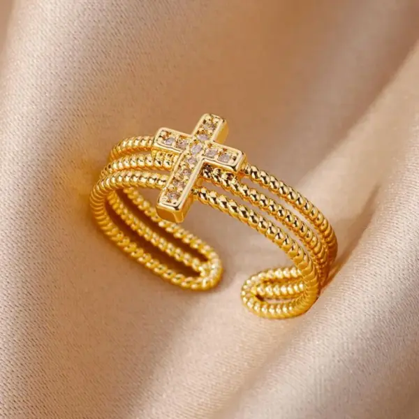 Wholesale Vintage Style Simple Style Cross Copper 18k Gold Plated Zircon Rings In Bulk