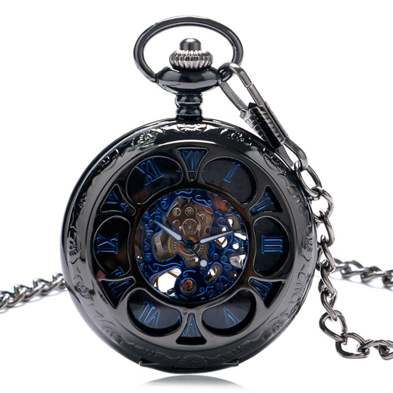 Wholesale Vintage Fashion Tungsten Steel Gun Black Petal Blue Face Mechanical cket Watch Flip Hollow cket Watch Hot Selling Men's and Women's Hanging