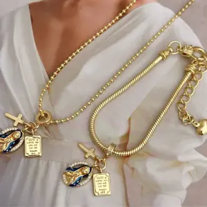 Wholesale Jewelry Casual Simple Style Cross Virgin Mary Copper Zircon 18K Gold Plated Plating Bracelets Necklace Ball Chain