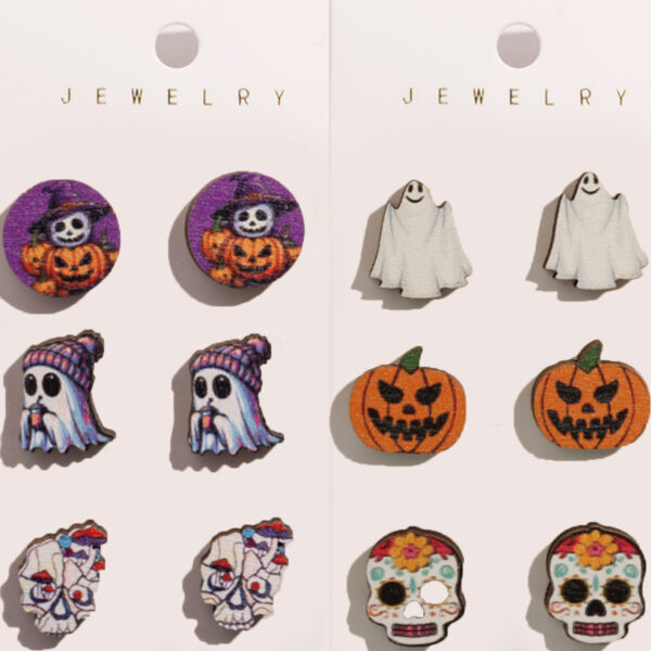oly-7f7ca2f6502fee998de8e17fe337c5e2 Wholesale European and American Cross-border Halloween Cartoon Funny Ghost Pumpkin Kid Wooden Decorative Earrings Combination suit