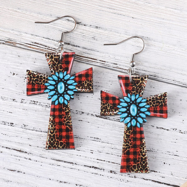 Wholesale Western style leopard plaid turquoise cross wooden double-sided earrings