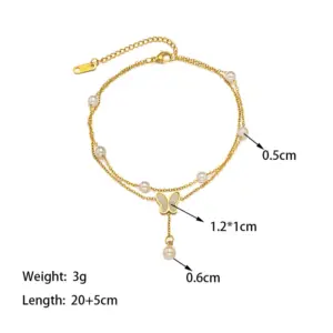 B5001 Double-Layer Pearl Butterfly Anklet Gold