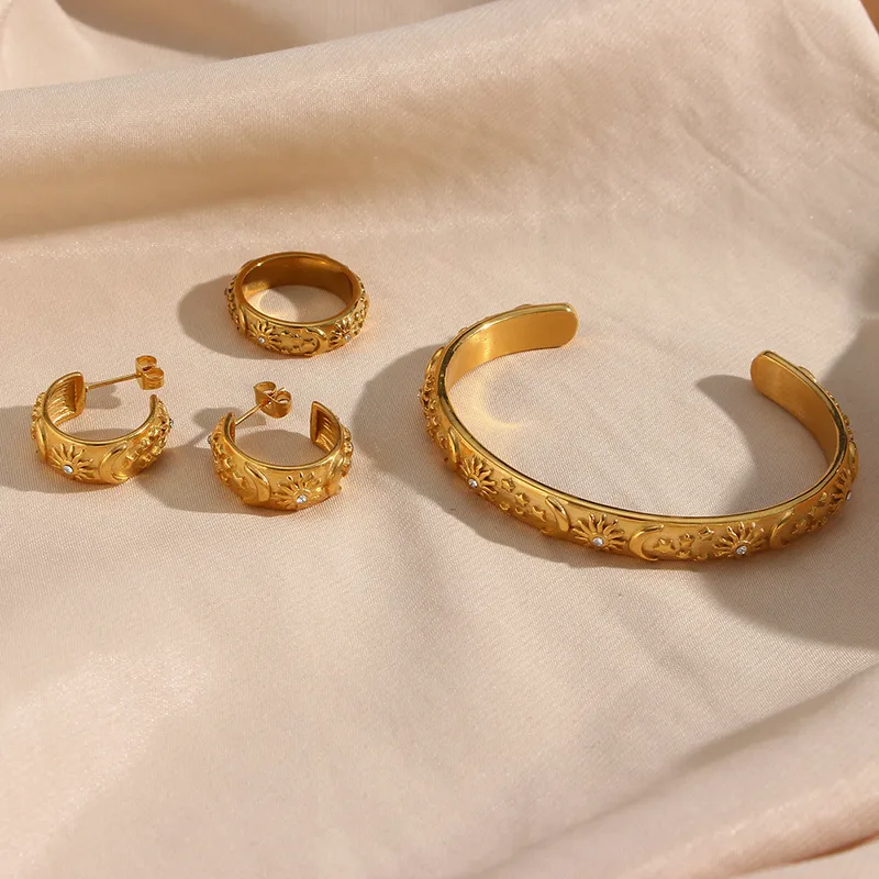 Wholesale Jewelry Fashion Geometric 304 Stainless Steel Zircon 18K Gold Plated Geometry Moon Metal Stainless Steel Jewelry Sets