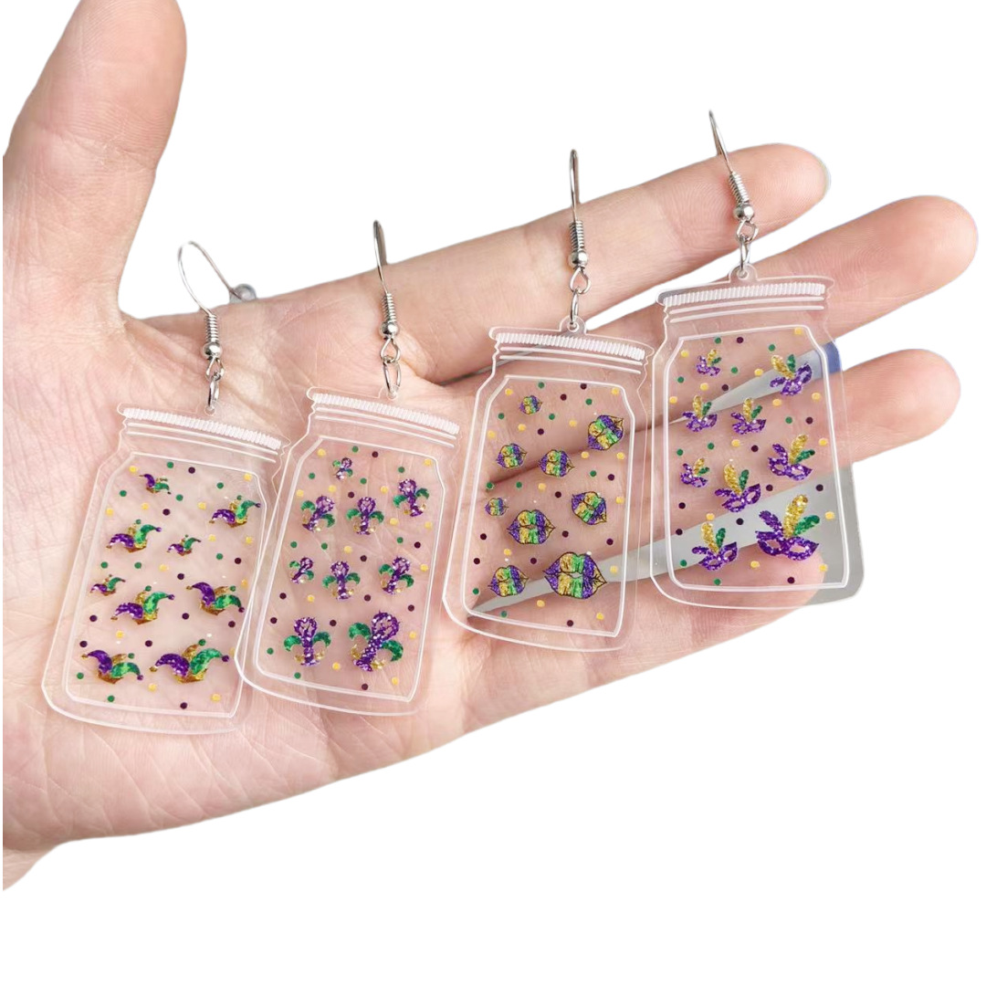 Wholesale Cross Border Acrylic Small Bottle Printed Earrings Clown Hat Lobster Lips Mask Carnival Party Earrings