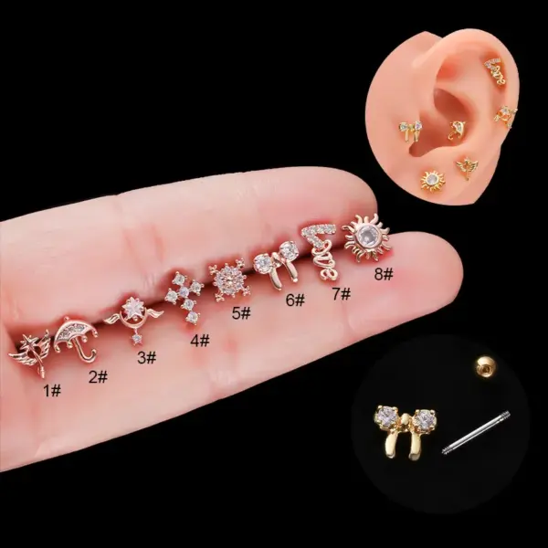 316L Stainless Steel Copper Zircon Ear Cartilage Rings & Studs Bow Knot Waterproof Non Tarnish Surgical Steel Women'S