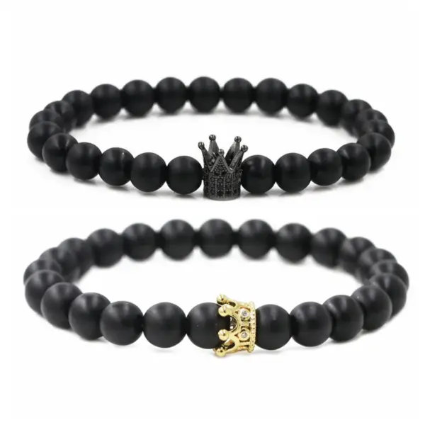 Wholesale Hot Sale Matte Black Stone Micro Inlaid Zircon Crown Couple Bracelet Copper Beads Bracelet Wholesale Nihaojewelry
