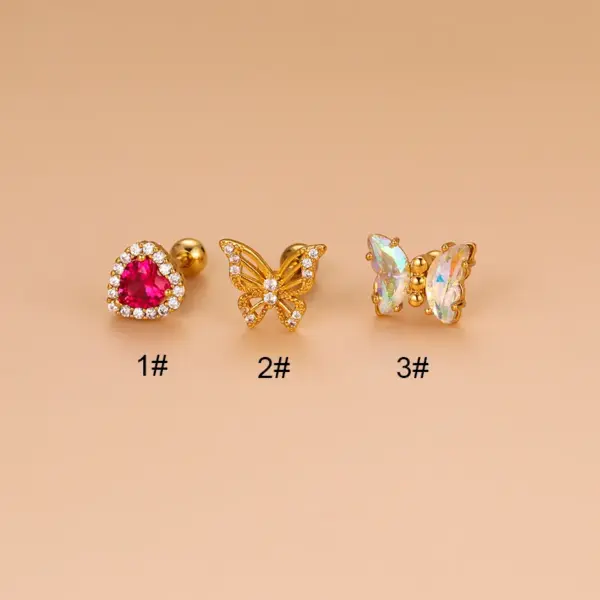 1 Piece 316L Stainless Steel Copper Zircon Ear Cartilage Rings & Studs Heart Shape Butterfly Waterproof Non Tarnish Surgical Steel