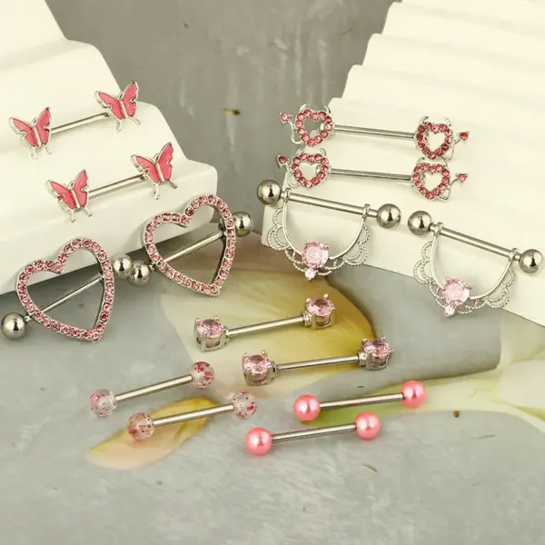 Wholesale 1 Pair 316L Stainless Steel Copper Zircon Nipple Rings & Studs Heart Shape Flower Butterfly Waterproof Non Tarnish Surgical Steel Nipple Rings & Studs