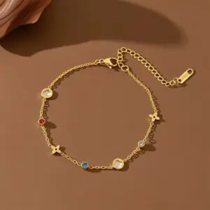 J05064-Colored Diamond Four-leaf Flower-Anklet- Gold
