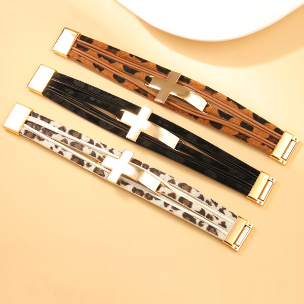 Wholesale Layered leather wide cross bracelet with magnetic clasp