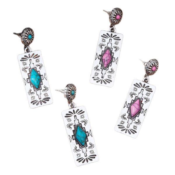 Wholesale Retro Western style earrings, rectangular patterned earrings inlaid with turquoise and pink stones