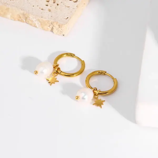 PVD Coated Real Gold Plated 18K Gold Solid Color Stainless Steel Freshwater Pearl Preppy Style Waterproof Non Tarnish Earrings