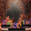 oly-806a28fa4d5f7a86f33aa9a78b499507 Wholesale 3 Halloween-themed wooden figurines with colorful speckled letters and bases; Halloween desktop wooden figurines.