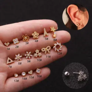 304 Stainless Steel 316L Stainless Steel Copper Ear Cartilage Rings & Studs Flower Waterproof Non Tarnish Surgical Steel 18K Real Gold Plated Ear Cartilage Rings & Studs