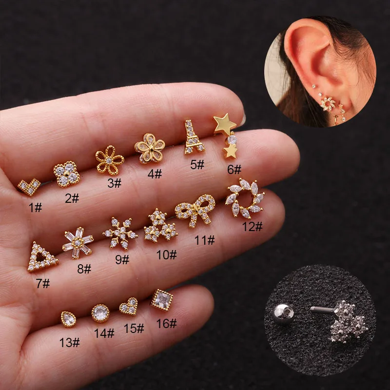 Wholesale 304 Stainless Steel 316L Stainless Steel Copper Ear Cartilage Rings & Studs Flower Waterproof Non Tarnish Surgical Steel 18K Real Gold P