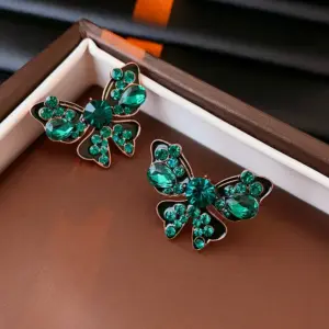 Silver Needle ancient gold green diamond butterfly water drop drop earrings