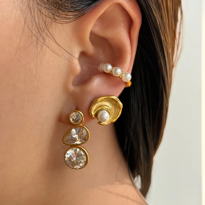 Wholesale 1 Pair IG Style Simple Style Geometric Water Droplets Plating Inlay Titanium Steel Pearl Zircon 18K Gold Plated Drop Earrings Ear Cuffs Ear