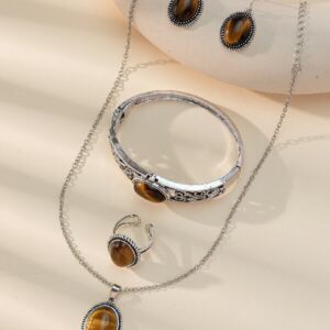 oly-80b0f5615c715f1e90cae8e1c89d26a5 Wholesale Cross-border European and American fashion national style four-piece natural stone tiger eye stone necklace earrings ring bracelet jewelry suit