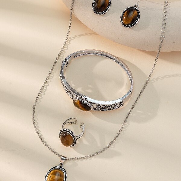 Wholesale Cross-border European and American fashion national style four-piece natural stone tiger eye stone necklace earrings ring bracelet jewelry suit