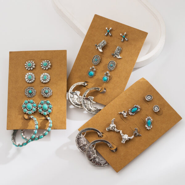 Wholesale Cross-Border Fashion New Turquoise Earrings Set Women's Flower Shoes Boots Arrow Bull Head Pony Accessories Earrings Set