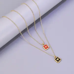 Wholesale 304 Stainless Steel Square Heart Shape PVD Coated Enamel 18K Real Gold Plated IG Style Waterproof Non Tarnish Enamel Ball Chain Lobster Trigger Clasp Closure Pendant Necklace