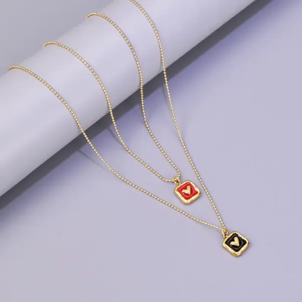 Wholesale 304 Stainless Steel Square Heart Shape PVD Coated Enamel 18K Real Gold Plated IG Style Waterproof Non Tarnish Enamel Ball Chain Lobster Trigger Clasp Closure Pendant Necklace