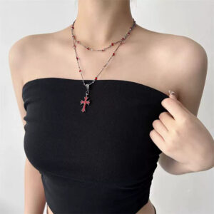 Red zircon cross beaded necklace x2538c