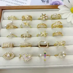 Wholesale Jewelry Vacation Modern Style Heart Shape Flower Bow Knot Copper Acrylic Pearl Zircon 18K Gold Plated Polishing Inlay Rings