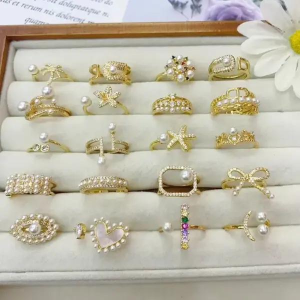 Wholesale Jewelry Vacation Modern Style Heart Shape Flower Bow Knot Copper Acrylic Pearl Zircon 18K Gold Plated Polishing Inlay Rings