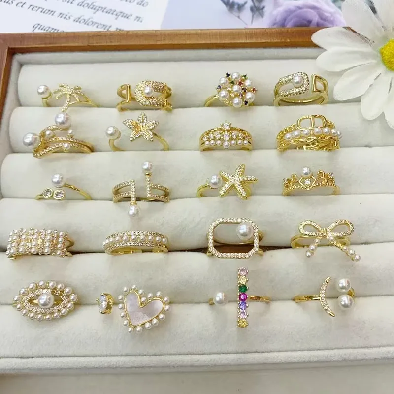 Wholesale Jewelry Vacation Modern Style Heart Shape Flower Bow Knot Copper Acrylic Pearl Zircon 18K Gold Plated Polishing Inlay Rings