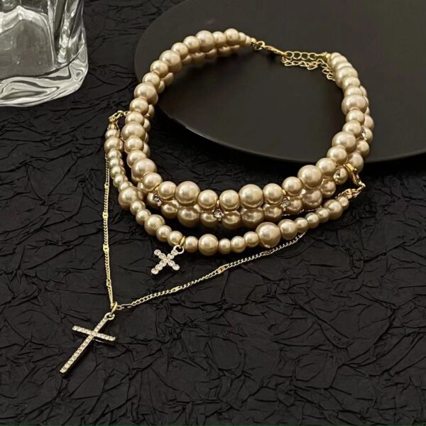 oly-81049ab9a5c37c29eb907250754d96f6 Wholesale Diamond-embedded multi-layer Pearl cross pendant necklace for women Japanese and Korean style light luxury sweater chain personality Fashion necklace fashion