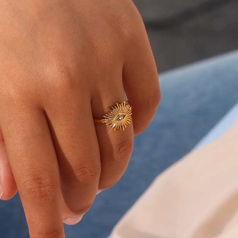 Wholesale PVD Coated Real Gold Plated 18K Gold Geometric Eye 304 Stainless Steel Retro Waterproof Non Tarnish Open Ring