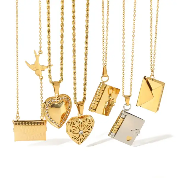Wholesale 304 Stainless Steel Book Envelope Heart Shape PVD Coated Rhinestones 18K Gold Plated 18K Real Gold Plated Real Gold Plated IG Style Simple Style Artistic Waterproof Non Tarnish Plating Hollow Out Cable Chain Gold Silver Pendant Necklace