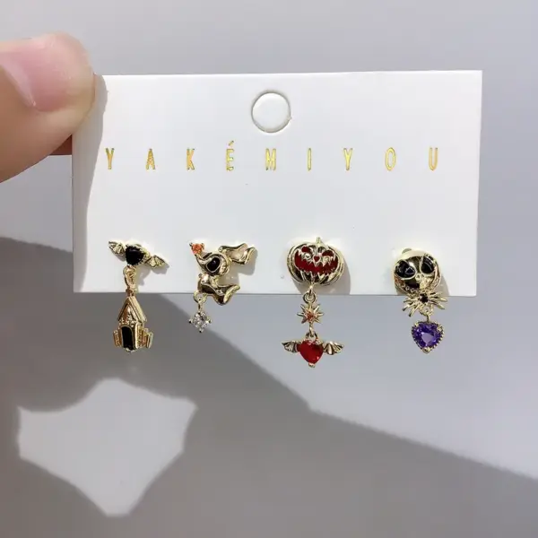 Wholesale 1 Set Halloween Yakemiyou Cartoon Style Funny Pumpkin Bat Skull Enamel Inlay Copper Zircon 14K Gold Plated Ear Studs