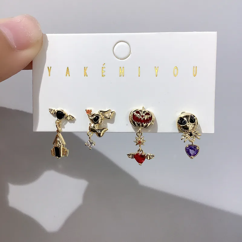 Wholesale 1 Set Halloween Yakemiyou Cartoon Style Funny Pumpkin Bat Skull Enamel Inlay Copper Zircon 14K Gold Plated Ear Studs