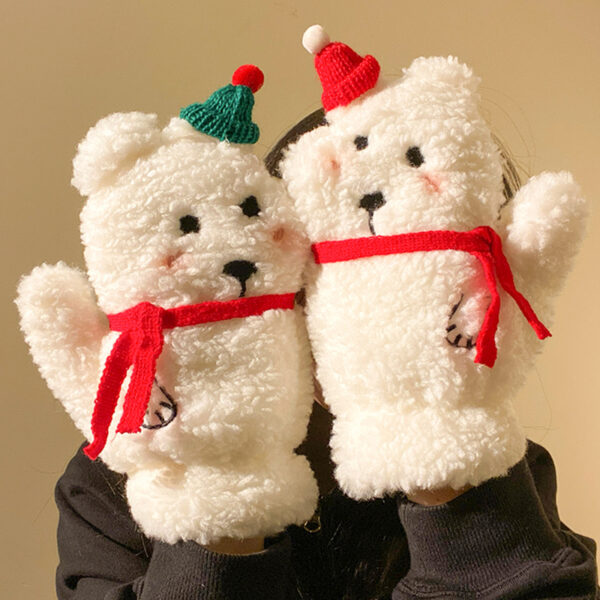 oly-8134350456a548e934ac013192351f6d Wholesale Cute Christmas Hat Bear Plush Mittens Women 2024 Autumn and Winter Thickened fleece-lined Warm Cycling Tide