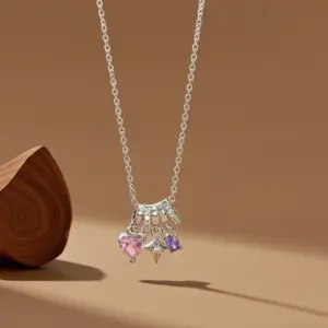 X08302 [Copper Pendant] Star Pink Diamond Heart Necklace - / Silver