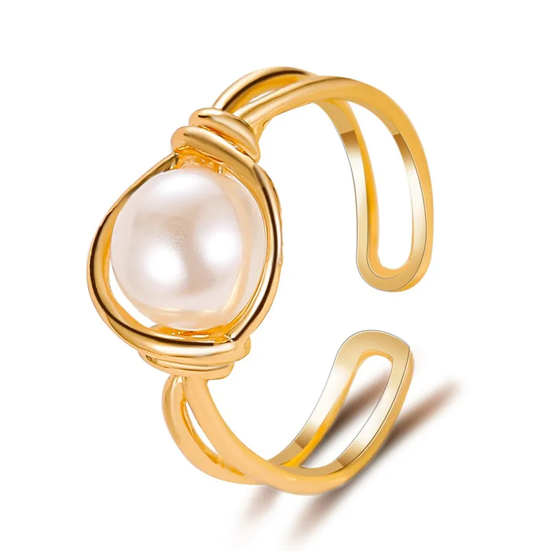 Wholesale Korean Pearl Copper Rings Sweet Simple Pearl Ring Knotted Mouth Ring Ladies Index Finger Ring Wholesale Nihaojewelry